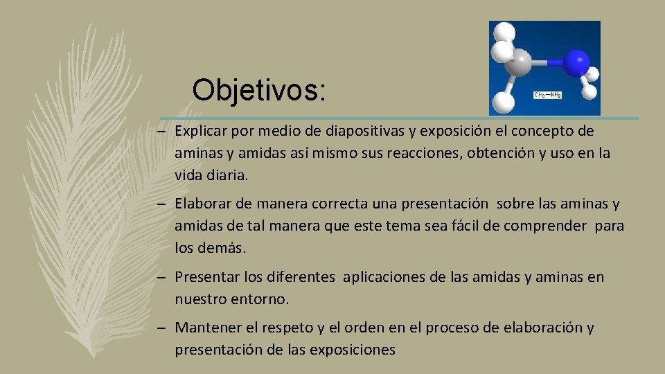 Objetivos: – Explicar por medio de diapositivas y exposición el concepto de aminas y Objetivos: – Explicar por medio de diapositivas y exposición el concepto de aminas y
