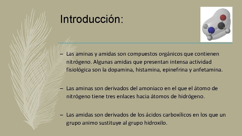 Introducción: – Las aminas y amidas son compuestos orgánicos que contienen nitrógeno. Algunas amidas Introducción: – Las aminas y amidas son compuestos orgánicos que contienen nitrógeno. Algunas amidas