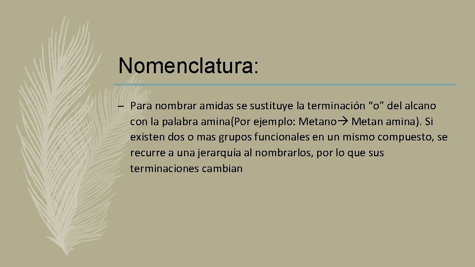 Nomenclatura: – Para nombrar amidas se sustituye la terminación “o” del alcano con la Nomenclatura: – Para nombrar amidas se sustituye la terminación “o” del alcano con la