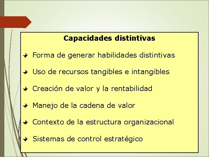 Capacidades distintivas Forma de generar habilidades distintivas Uso de recursos tangibles e intangibles Creación