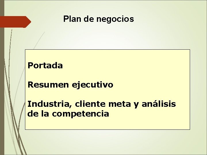 Plan de negocios Portada Resumen ejecutivo Industria, cliente meta y análisis de la competencia