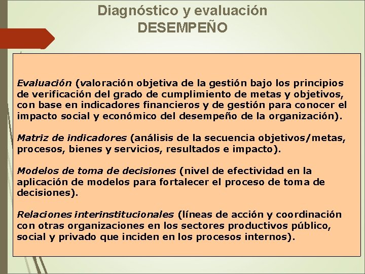 Diagnóstico y evaluación DESEMPEÑO Evaluación (valoración objetiva de la gestión bajo los principios de