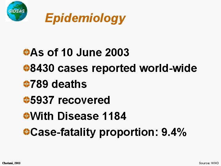 GIDSAS Epidemiology As of 10 June 2003 8430 cases reported world-wide 789 deaths 5937