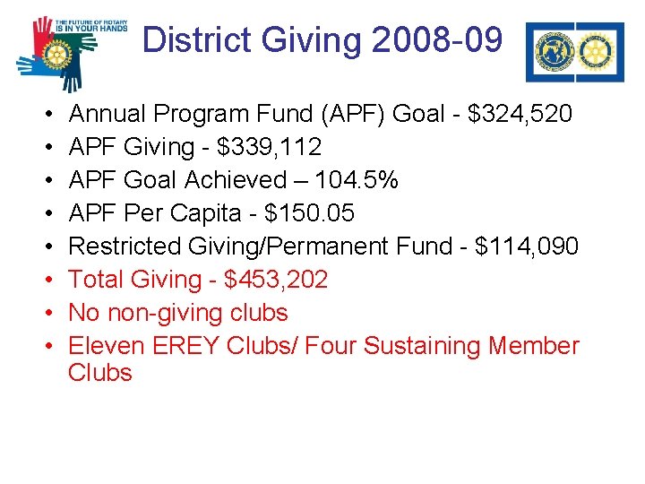 District Giving 2008 -09 • • Annual Program Fund (APF) Goal - $324, 520