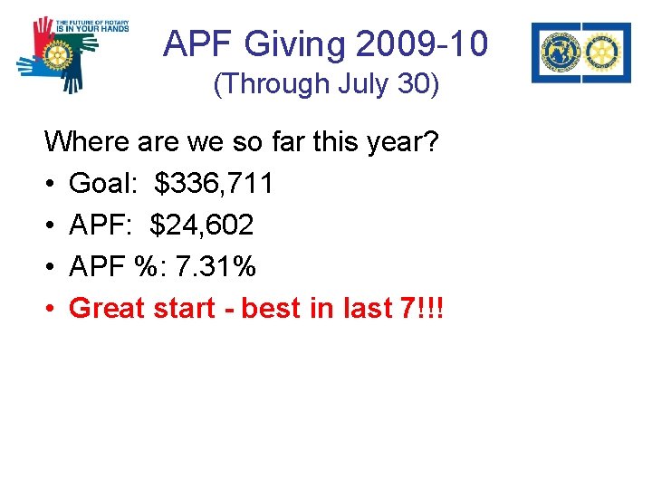 APF Giving 2009 -10 (Through July 30) Where are we so far this year?