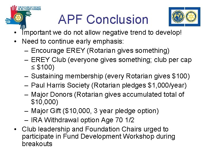 APF Conclusion • Important we do not allow negative trend to develop! • Need