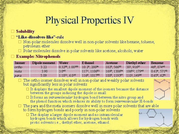 Physical Properties IV � Solubility � “Like-dissolves-like”-rule � Non-polar molecules dissolve well in non-polar