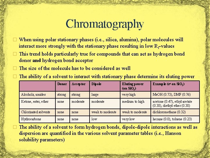 Chromatography � When using polar stationary phases (i. e. , silica, alumina), polar molecules