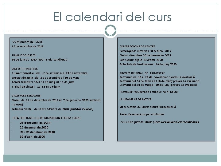 El calendari del curs COMENÇAMENT CURS 12 de setembre de 2019 CELEBRACIONS DE CENTRE