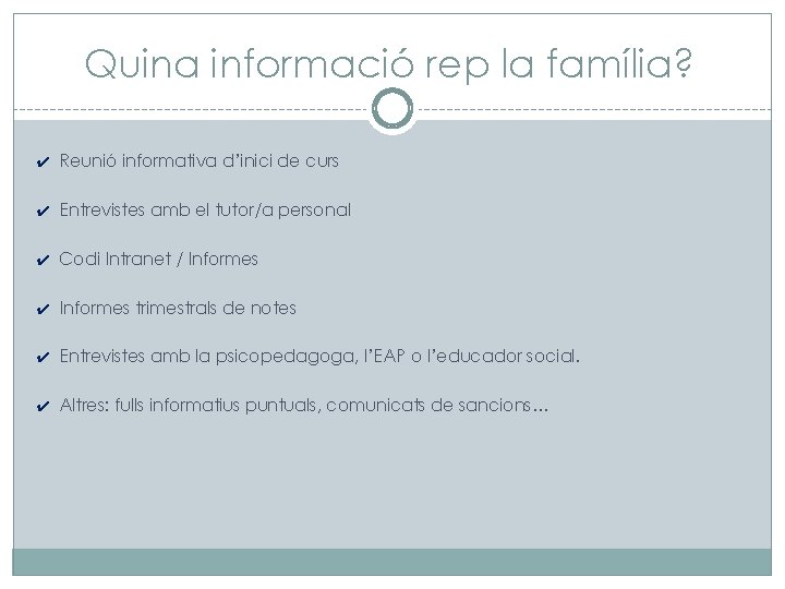 Quina informació rep la família? ✔ Reunió informativa d’inici de curs ✔ Entrevistes amb