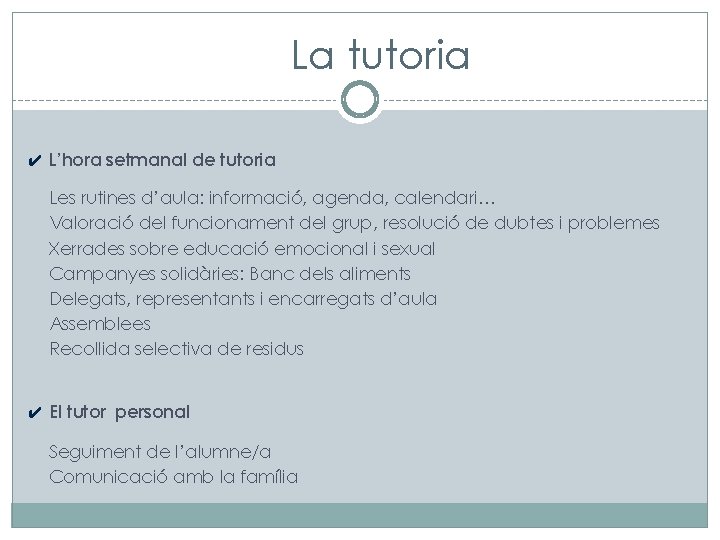 La tutoria ✔ L’hora setmanal de tutoria Les rutines d’aula: informació, agenda, calendari… Valoració