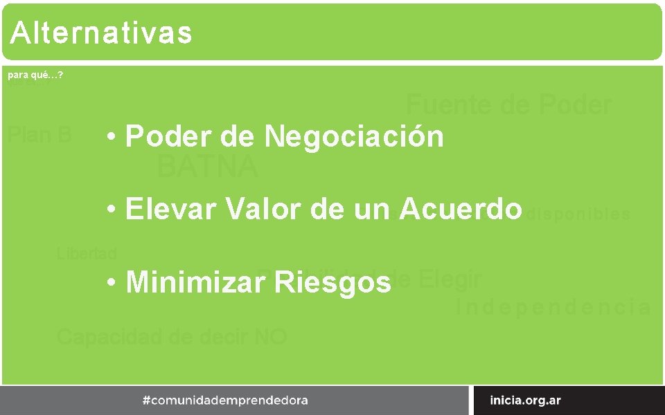 Alternativas para qué…? qué es…? Fuente de Poder Plan B • Poder de Negociación