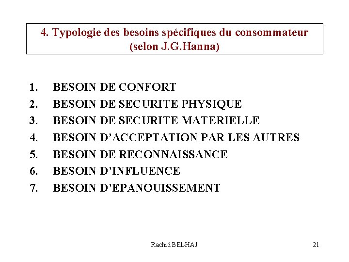 4. Typologie des besoins spécifiques du consommateur (selon J. G. Hanna) 1. 2. 3.