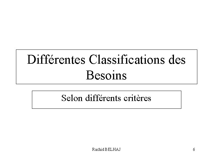 Différentes Classifications des Besoins Selon différents critères Rachid BELHAJ 6 