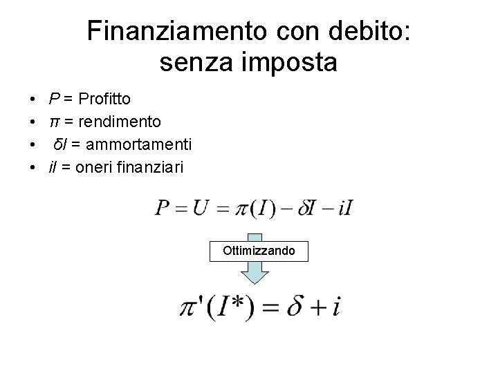Finanziamento con debito: senza imposta • • P = Profitto π = rendimento δI