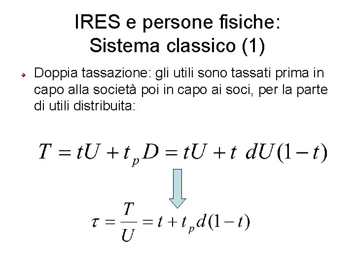 IRES e persone fisiche: Sistema classico (1) Doppia tassazione: gli utili sono tassati prima