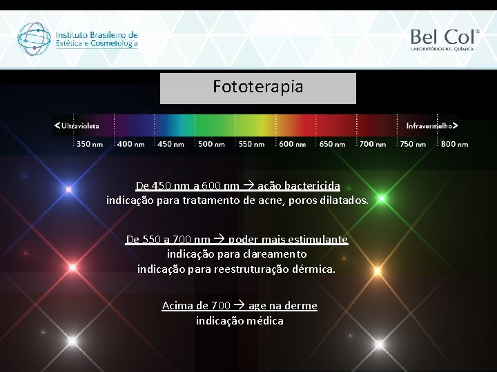 Fototerapia De 450 nm a 600 nm ação bactericida indicação para tratamento de acne,