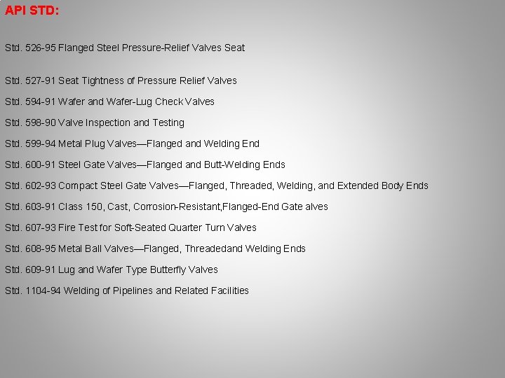 API STD: Std. 526 -95 Flanged Steel Pressure-Relief Valves Seat Std. 527 -91 Seat