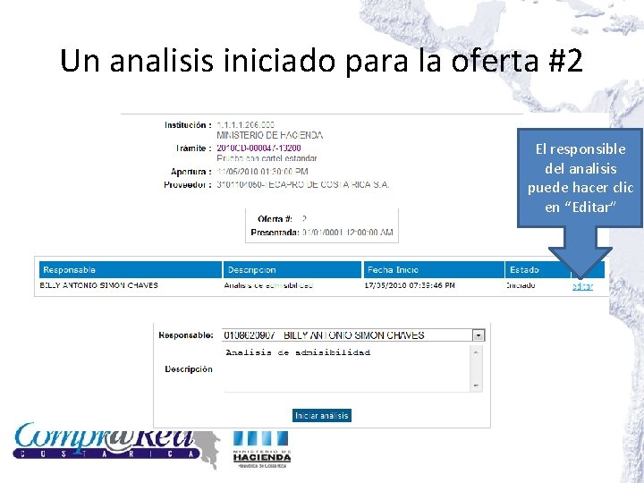 Un analisis iniciado para la oferta #2 El responsible del analisis puede hacer clic