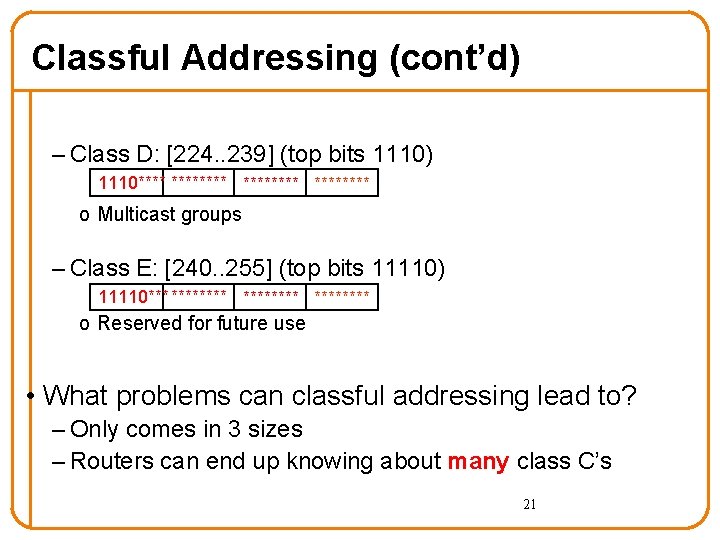 Classful Addressing (cont’d) – Class D: [224. . 239] (top bits 1110) 1110******** o