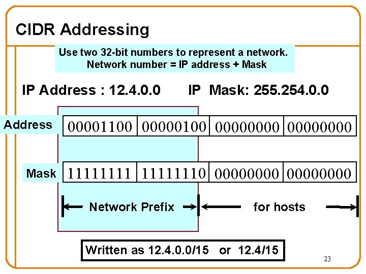 CIDR Addressing Use two 32 -bit numbers to represent a network. Network number =