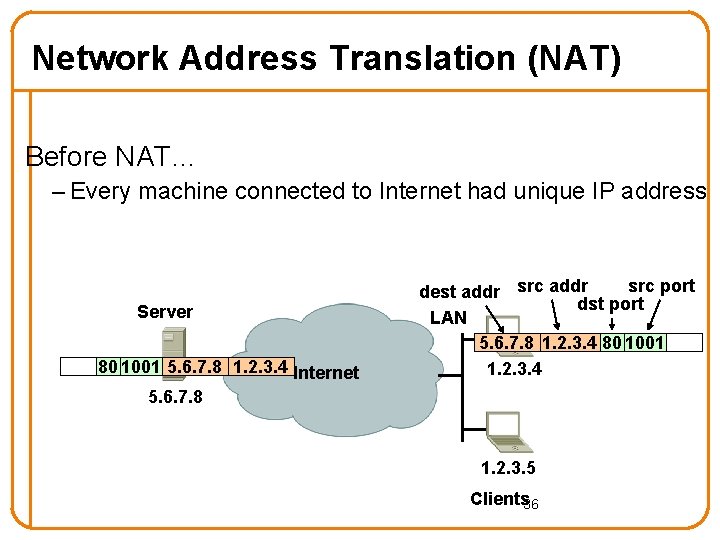 Network Address Translation (NAT) Before NAT… – Every machine connected to Internet had unique
