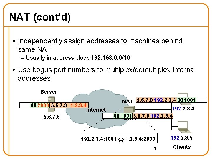 NAT (cont’d) • Independently assign addresses to machines behind same NAT – Usually in