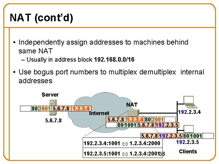 NAT (cont’d) • Independently assign addresses to machines behind same NAT – Usually in