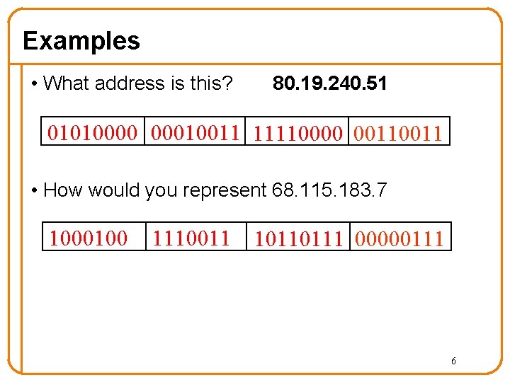 Examples • What address is this? 80. 19. 240. 51 01010000 00010011 11110000 0011