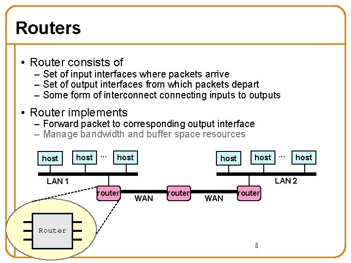 Routers • Router consists of – Set of input interfaces where packets arrive –