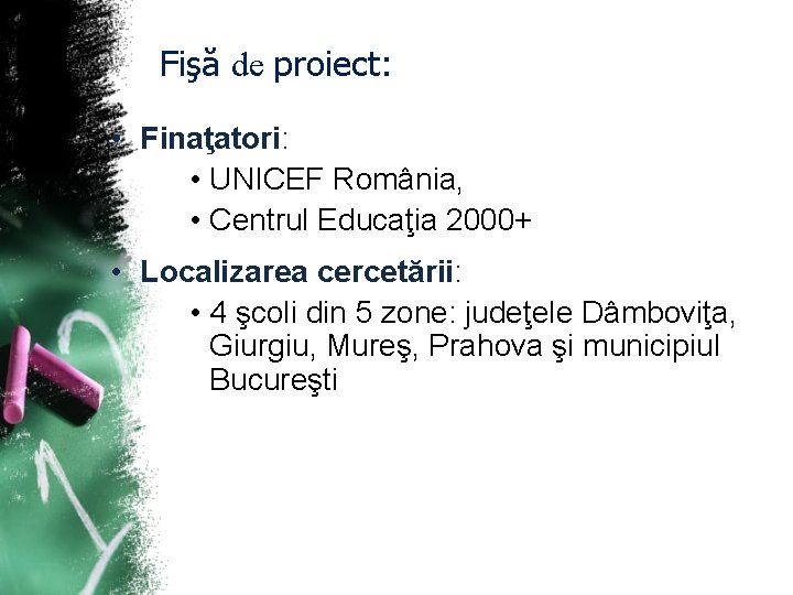 Fişă de proiect: • Finaţatori: • UNICEF România, • Centrul Educaţia 2000+ • Localizarea