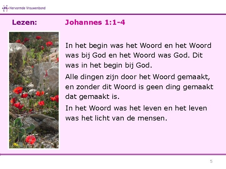 Lezen: Johannes 1: 1 -4 In het begin was het Woord en het Woord