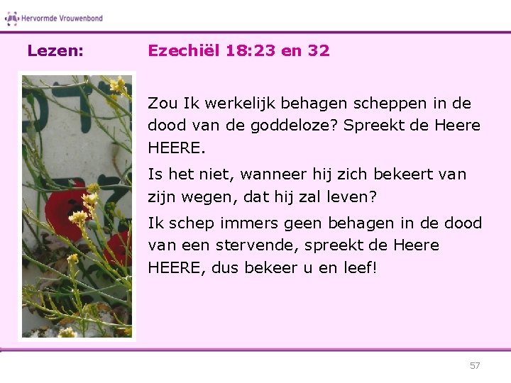 Lezen: Ezechiël 18: 23 en 32 Zou Ik werkelijk behagen scheppen in de dood