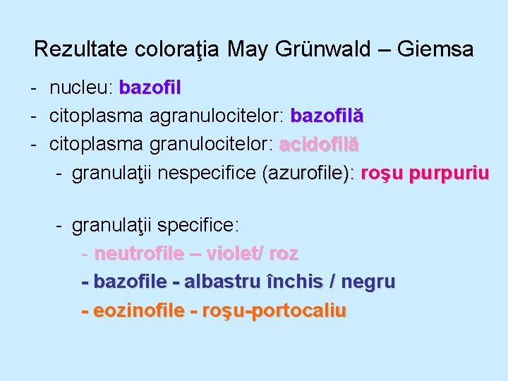 Rezultate coloraţia May Grünwald – Giemsa - nucleu: bazofil - citoplasma agranulocitelor: bazofilă - Rezultate coloraţia May Grünwald – Giemsa - nucleu: bazofil - citoplasma agranulocitelor: bazofilă -