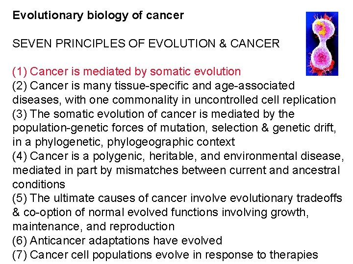 Evolutionary biology of cancer SEVEN PRINCIPLES OF EVOLUTION & CANCER (1) Cancer is mediated