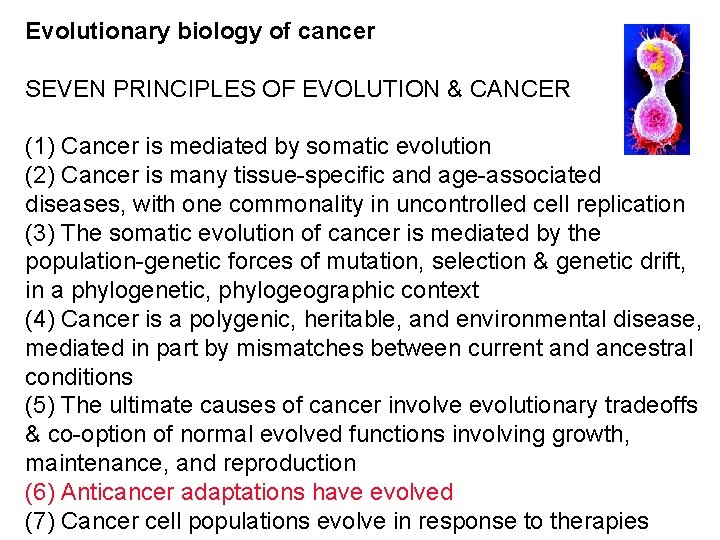 Evolutionary biology of cancer SEVEN PRINCIPLES OF EVOLUTION & CANCER (1) Cancer is mediated