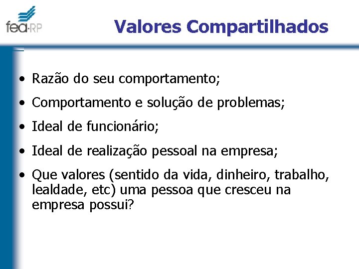 Valores Compartilhados • Razão do seu comportamento; • Comportamento e solução de problemas; •