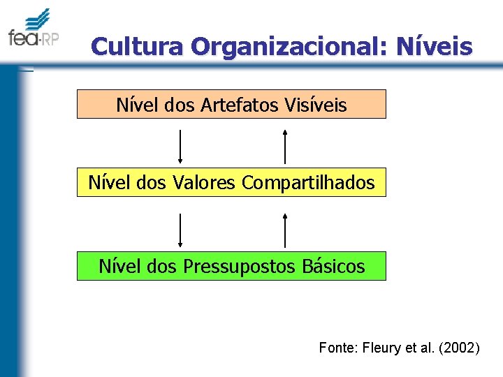 Cultura Organizacional: Níveis Nível dos Artefatos Visíveis Nível dos Valores Compartilhados Nível dos Pressupostos