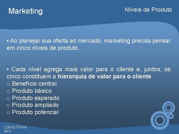 Marketing Níveis de Produto • Ao planejar sua oferta ao mercado, marketing precisa pensar