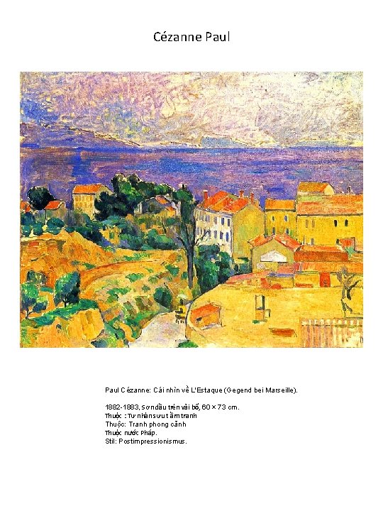 Cézanne Paul Cézanne: Cái nhìn về L'Estaque (Gegend bei Marseille). 1882 -1883, Sơn dầu