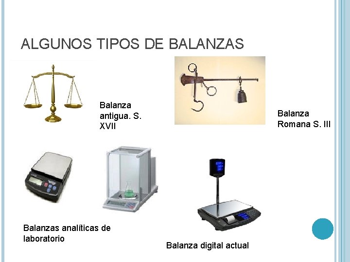 ALGUNOS TIPOS DE BALANZAS Balanza antigua. S. XVII Balanzas analíticas de laboratorio Balanza Romana