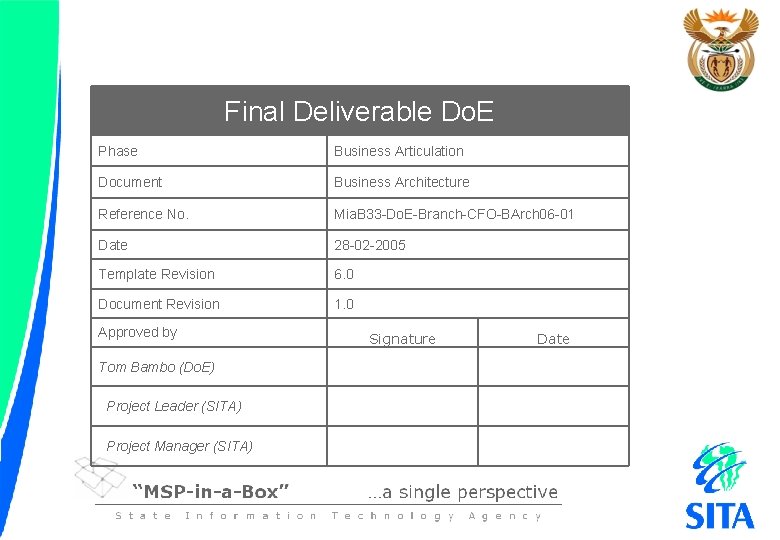 Final Deliverable Do. E Phase Business Articulation Document Business Architecture Reference No. Mia. B