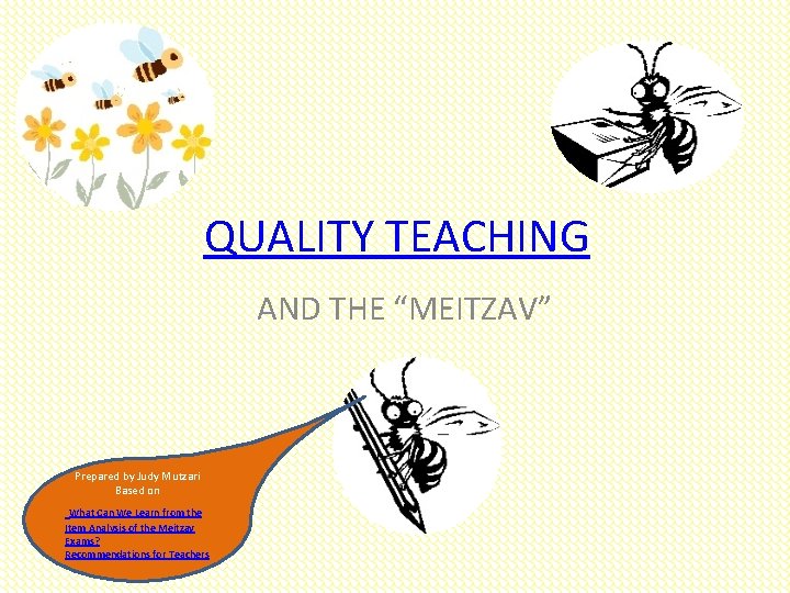 QUALITY TEACHING AND THE “MEITZAV” Prepared by Judy Mutzari Based on What Can We
