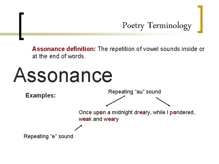 Poetry Terminology Assonance definition: The repetition of vowel sounds inside or at the end