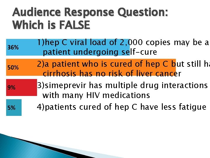 Audience Response Question: Which is FALSE 1)hep C viral load of 2, 000 copies