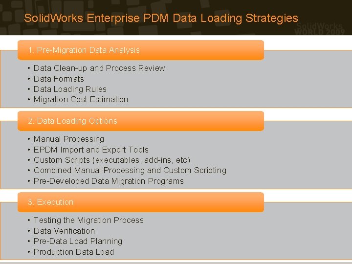 Solid. Works Enterprise PDM Data Loading Strategies 1. Pre-Migration Data Analysis • • Data Solid. Works Enterprise PDM Data Loading Strategies 1. Pre-Migration Data Analysis • • Data