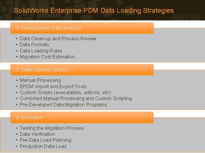 Solid. Works Enterprise PDM Data Loading Strategies 1. Pre-Migration Data Analysis • • Data Solid. Works Enterprise PDM Data Loading Strategies 1. Pre-Migration Data Analysis • • Data
