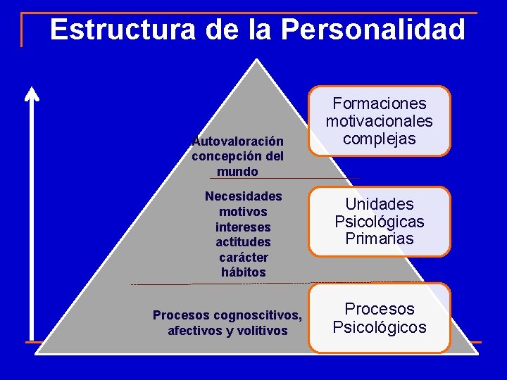 Estructura de la Personalidad Autovaloración concepción del mundo Necesidades motivos intereses actitudes carácter hábitos Estructura de la Personalidad Autovaloración concepción del mundo Necesidades motivos intereses actitudes carácter hábitos