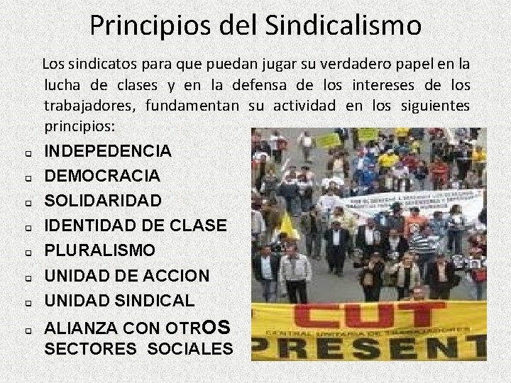 Principios del Sindicalismo Los sindicatos para que puedan jugar su verdadero papel en la