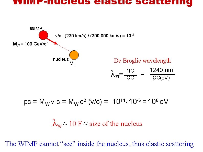 WIMP-nucleus elastic scattering WIMP v/c =(230 km/s) / (300 000 km/s) ≈ 10 -3